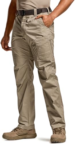 CQR Men's Utility Flex Cargo Pants, Classic-Fit Casual Stretch Work Pants, Water Resistant Lightweight Tactical Hiking Pants, Sentinel Alamo Khaki, 32W x 30L
