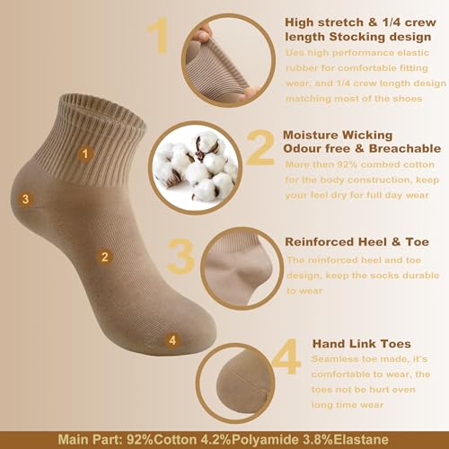 Image of Womens Cotton Anti-Pilling Quarter Crew Socks | Moisture-wicking, Odor-control, Lightweight, Office /gym, 7-pair, US 6-10