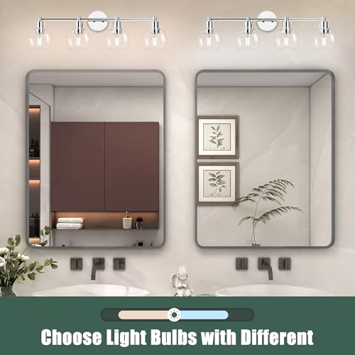Image of 4 Lights Bathroom Vanity Light Fixtures Chrome, Bathroom Lights Over Mirror, Industrial and Farmhouse 4 Lights Wall Sconce, Polished Chrome Globe Vanity Lighting Fixtures