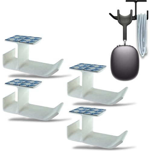 Image of SRS Under Desk Headphone Stand with Cable Organizer Storage Options | Headphone & Cable Hook Holder Hanger | Stick-ON Adhesive with Surface Cleaning Wipes (White, Pack of 4)