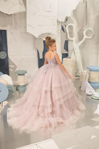 Girl’s Layered Pageant Dresses Floral Flower Girl Dresses Tulle Princess First Communion Dresses V Neck Prom Ball Gown3