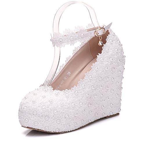 Dressfirst White Lace Wedding Shoes Wedge Heel Closed Toe Platform Pumps Wedges Maryjane with Buckle Imitation Pearl Rhinestone Applique
