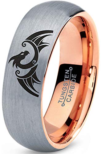 Zealot Jewelry Tungsten Dragon Dragons Fire Breather Folklore Band Ring 7mm Men Women Comfort Fit 18k Rose Gold Dome Brushed Gray Polished Size 9