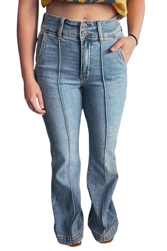 Urchics Womens Casual Pants Dusk Blue 2 Button High Waist Piping Trim Bootcut Jeans