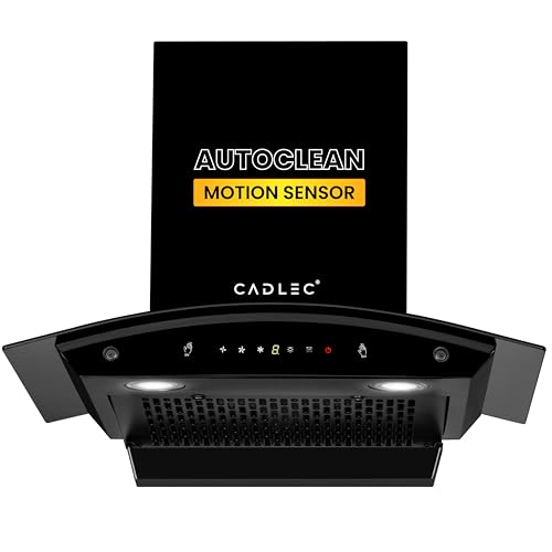 Image of Cadlec CurveFlow 60cm Filterless Curved Glass Kitchen Chimney | 1400 m /hr Powerful Suction | Auto Clean with Oil Collector | Feather Touch + Gesture Control Technology | 20-Year Warranty | Black