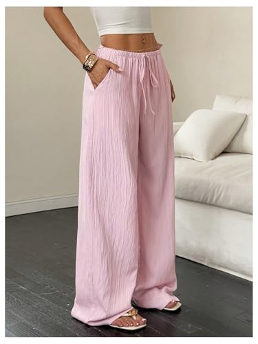 SOLY HUX Women's Wide Leg Pants Tie Front Elastic Waist Baggy Textured Long Pants Trousers with Pockets3