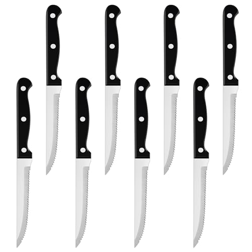 Joyfair Steak Knives Set of 8, Stainless Steel Steak Knives with Serrated Edge, Utility Table Dinner Cutting Set Ideal for Slicing Bread Meat Cake Vegetable, Dishwasher Safe & Comfortable Handle, 22cm