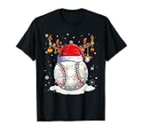 Baseball Santa Hat Reindeer Christmas Lights Funny Xmas T-Shirt