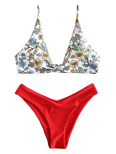 ZAFUL Women's Floral V Neck Bikini Set High Waisted 2piece Bathing Suit Strappy Thong Bikini Swimsuit(Red-M)