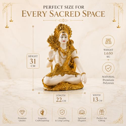 Image of Lord Shiva Statue - 31 cm Hindu God Figurine with Gold Detailing, Trident & Cobra - Hand-Painted Mahadev Murti for Home Temple Decor, Pooja Room, Meditation Space & Gift