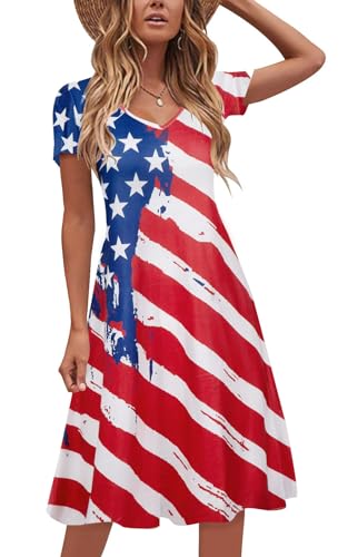 Image of LUKYCILD American Flag Dress Women 4th of July Patriotic Shirt USA Stars Stripes Dresses Sexy V- Neck Summer Sundress