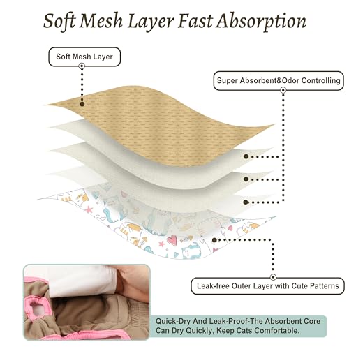 Image of Reusable Cat Diapers 3 Pack with Good Absorbency Easy to Put on Adorable Diapers for Cats Secure Fit S