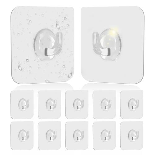 KTPCN 24 Pcs Self Adhesive Hooks Heavy Duty Stick on HooksClear, Transparent Extra Strong Wall Sticky Hooks for Hanging Coat Clothes Towel Key in Kitchen Closet Office Bathroom Hook, with Shovel (24)