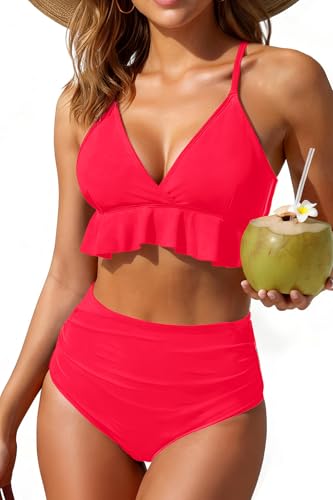 Image of Women Ruffle Bikini Set High Waisted Tummy Control Two Piece Swimsuits | Ruffle,High Waisted,Tummy Control,Removable Bra Pads,Adjustable Shoulder Straps,Full Coverage
