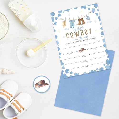 Invitaciones de vaquero para baby shower azul de 5x7 con sobres y pegatinas pack de 25 4