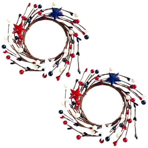 2Pcs Patriotic Red, White and Blue Berry Wreaths Faux Kitchen Cabinet Wreaths Artificial Pip Berry Candle Rings Small Wreath Farmhouse Wreath for Door Wall Window Decor (Blue)