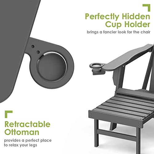 Greenvines Folding Adirondack Chairs With Ottoman Set Of 2, Hdpe Plastic All-Weather Poolside Chair W/Cup Holders & Footrest For Fire Pit Campfire Deck Backyard Patio Outdoor Porch Lawn, Grey #TOP3