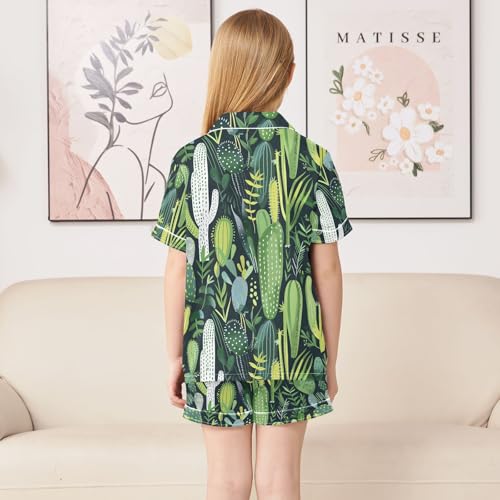 ALAZA Green Cactus Leaf Colored Pajamas Satin Pajama Set Short Sleeve Button Down Sleepwear4