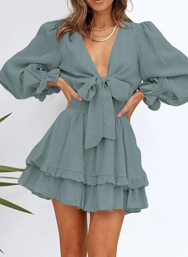 Image of Dokotoo Womens Casual Spring Fall 2025 Deep V Neck Knotted Tiered Chiffon Elegant Mini Short Swing Skater Dresses