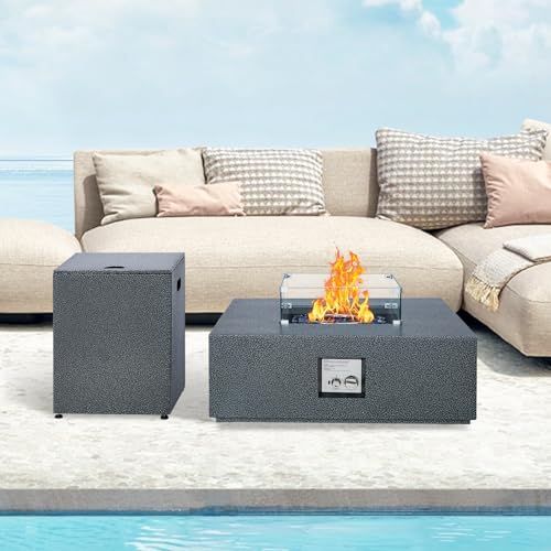36 in Outdoor Propane Gas Fire Pit Table, 50000BTU Iron Gas Firepit Table w 16 in Tank Cover, Wind Guard, Removable Lid, Blue Fire Glass, Rain Cover, CSA Certified Firepit Set for Outside