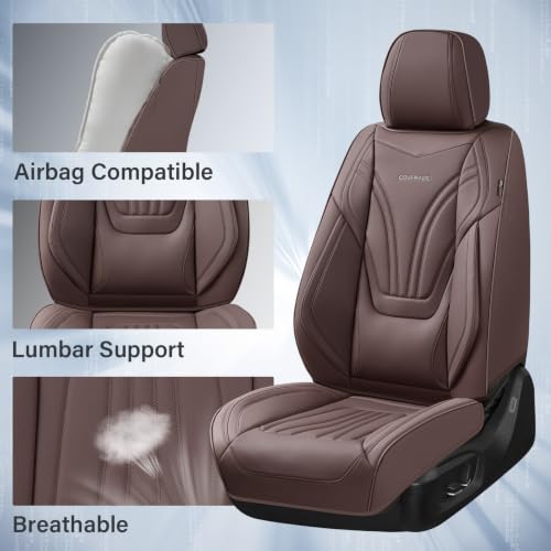 Image of Coverado Car Seat Covers Full Set, 5 Piece Car Seat Protector with Lumbar Support & Removable Headrest, Breathable Leather Front Rear Seat Cushion Universal Fit for Truck Automotive Brown