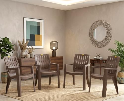 Image of Plastic Chair Set of 4 for Home & Outdoor Use | Heavy Duty Comfortable Chair with Strong Legs | Easy to Clean | Suitable for Living Room, Balcony (Pack of 4-Spino | Choco Cream)