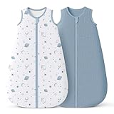 Konssy Muslin Baby Sleep Sack 6-12 Months 0.8 TOG, 2 Pack 100% Cotton Wearable Blanket for Babies, 2-Way Zipper Breathable Sleeping Sack Infant Toddler Essentials for Girls and Boys (Star, Blue)