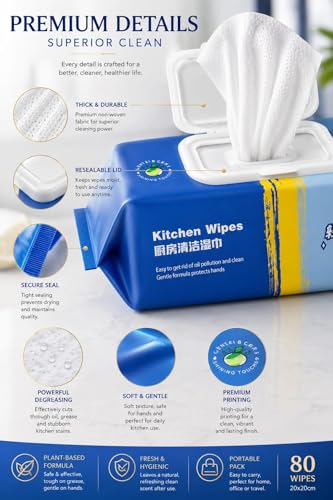 Image of Kitchen Wipes for Cleaning Oil and Grease Thick Non Woven Cleaning Wet Wipes for Platform Countertop Slab and Utensils with Resealable Lid Large Size 20x20 cm Pack of 80 Wipes