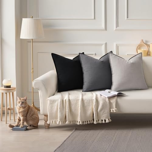 Image of decorUhome Decorative Linen Throw Pillow Covers 16x16 Inch Set of 2 Light Grey Pillow Covers with Flange Edges Soft Farmhouse Boho Accent Pillow Cases for Couch Bed Living Room