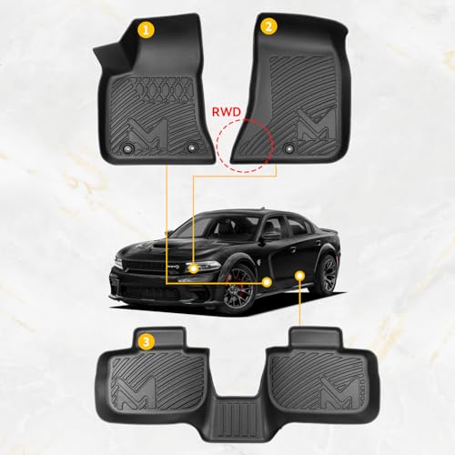 Image of TPE Automotive Floor Mats & Cargo Liner for 2011-2023 Dodge Charger & Chrysler 300 (RWD) Rear-Wheel Drive ONLY, All Weather Cover Protection Waterproof Black Floor Liner Front & Rear Row Full Set
