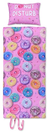 iscream Yummy Print Cozy Silky Soft Fleece Lined Sleeping Bag and Pillow Set for Kids - Go Do-Nuts