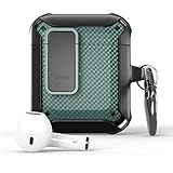 Funda para Airpods con Boton de Bloqueo Automatico, a Prueba de Caidas, Funda Protectora Completa de Piel de TPU, Resistente a los Aranazos, con Llavero, Compatible con Apple Airpods 1/2 Verde/Negro