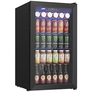 Icyglee Beverage Refrigerator Cooler, 126 Can Mini Fridge with Glass Door for Wine, Soda Beer, Beverage Cooler for Home, Bar, Office with Adjustable Removable Shelves, Black