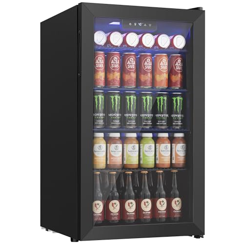 Icyglee Beverage Refrigerator Cooler, 126 Can Mini Fridge with Glass Door for Wine, Soda Beer, Beverage Cooler for Home, Bar, Office with Adjustable Removable Shelves, Black