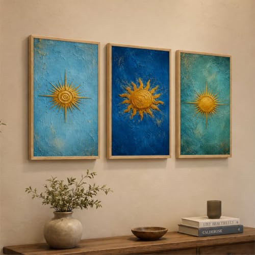 Image of Livin'luxe Set of 3 Golden Sun Abstract Wall Paintings for Living Room Bedroom Hallway Home Decor with Premium Wooden Color Synthetic Frame (13.5 x 19.5 Inch) NM03-71