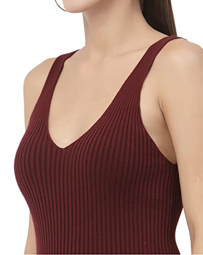 Image of Kalt Women Knitted, Ribbed Cotton Fitted Sleeveless V-Neck Cami Tank Top for Women Stylish