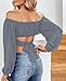 MIRACMODA Women Off Shoulder Crop Top Ruched Lantern Sleeve Self Tie Dessy Cropped Tee Shirts Grey