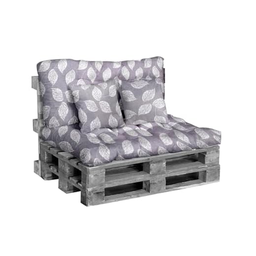 Super Mundo - Cojines para Palets, Conjunto 4 Piezas(1 Asiento + 1 Respaldo + 2 Cojines), Cojines Exterior, Ideal para terrazas, Jardines y Salones (Hojas Gris)