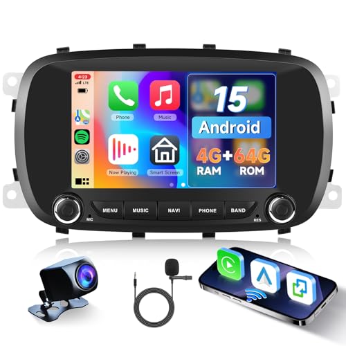 Hodozzy 4G+64G Car Stereo For Fiat 500X 2014-2020 Android with Wireless Carplay Android Auto, Car Radio 7 inch Touch Screen with GPS, Bluetooth, WiFi, Mirror Link, DSP, FM/RDS Radio Backup Camera