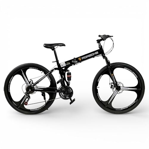 ALBADER 26-Inch Foldable Sports Bicycle 21-Speed Mountain Bike with Shimano Gears Front and Rear Suspension Folding Frame Air Tires Strong Brakes Multi-Speed Bike for Daily Use (Black)