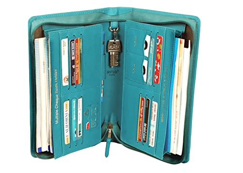 Image of Sukeshcraft Multiple Cheque Book Holder | Original PU Holds Upto 8 Cheque Books, Locker Key Hook, 2 Photo Slots, 1 Pin-Sim Slot, 13 Credit /Debit Card Slots with Matching Zipper (PU -Sea Green)