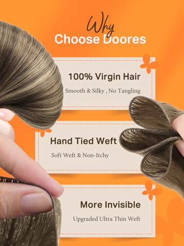 Image of DOORES Genius Sew in Weft Human Hair Extensions for Women, 16 Inch Chocolate Brown to Honey Blonde 50g, Hand Tied Weft Hair Extensions