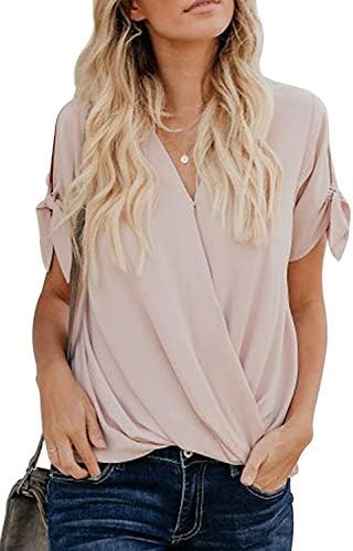 Womens Casual Short Sleeve Tops Summer Wrap V Neck Chiffon Blouses Loose Fit Shirts