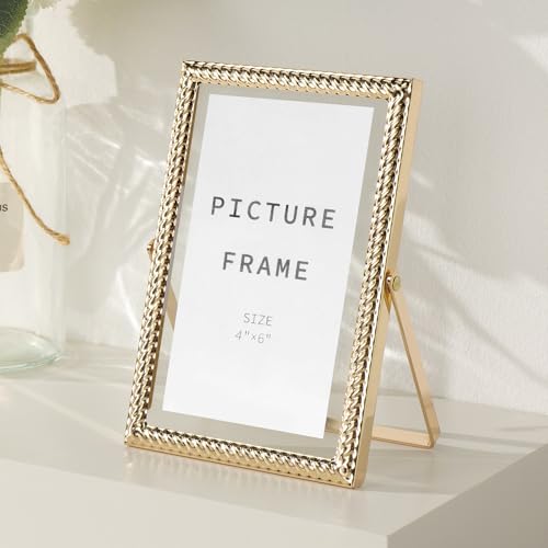 4x6 Floating Picture Frame Gold, 4 by 6 Gold Wedding Frames Vertical Metal Photo Frame with Glass Front for Tabletop Display, Ornate Elegant Design for Home Decor