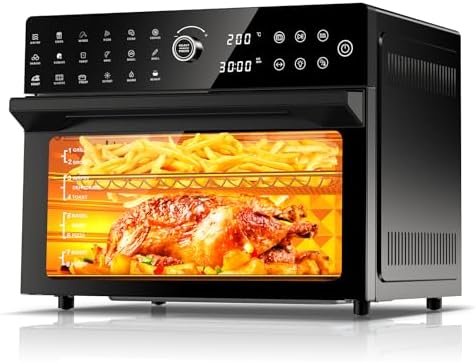 32QT Extra Large Air Fryer, Toaster Oven Air Fryer Combo, 360°Hot Air Circulation for Healthier Food, 1800W Preset Dual Cook, 13″Pizza Cooking, 20-in-1 Double-Rack Oven, 7-Accessory, Transparent Door