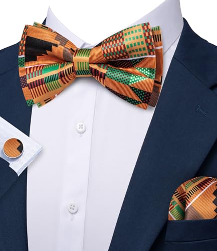 Image of Barry.Wang Paisley Striped Bow Tie for Men Silk Pre-Tied Bowtie Pocket Square Cufflinks Set Formal Wedding Party Prom