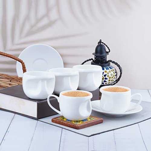 Image of Dandy Lines Cup and Saucer Set, FACE All White, Luxury Tea Cups with Saucer, Ceramic, Pack of 12, Microwave & Dishwasher Safe, Great for Hosting & Gifting