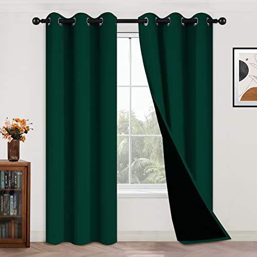 Image of Yakamok Dark Green 100% Blackout Curtains 84 Inches Long 42 inch Wide 2 Panels | Blackout Curtain Panels for Bedroom, 2 Thick Layers Grommet Top Thermal Insulated Drapes with Black Liner for Living Room