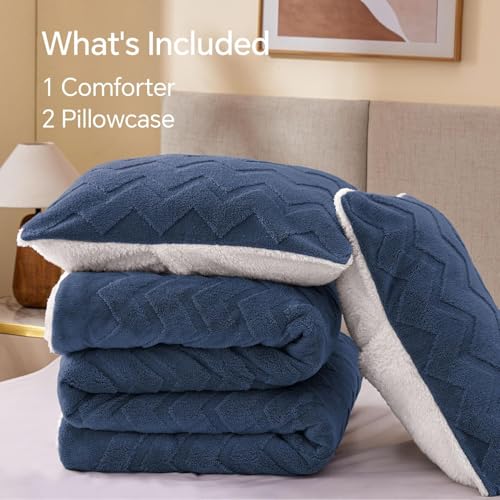 Image of BEDELITE Fluffy Sherpa Full Comforter Set,Navy Blue | Super Soft & Warm Fleece Bedding, Luxury Fuzzy Comforter for Winter, Heavy Plush Bedding Set,2 Pillowcases