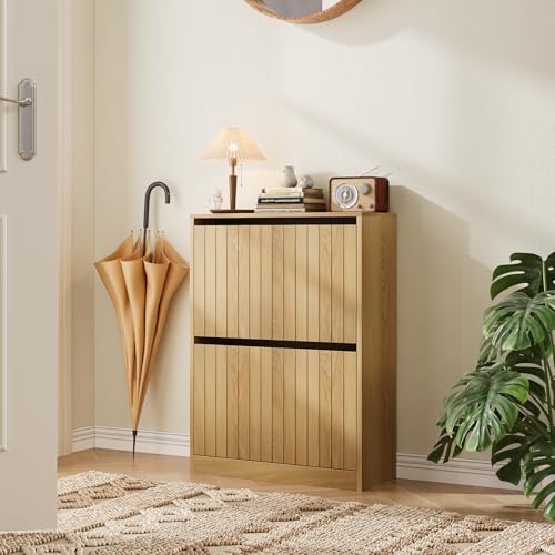 Algherohein Shoe Storage Cabinet with Vertical Groove Doors 2 Flip Drawers Narrow Shoe Cabinet Storage for Entryway Freestanding Shoe Organizer Cabinet Slim Shoe Rack Cabinet (Natural Oak Grain)